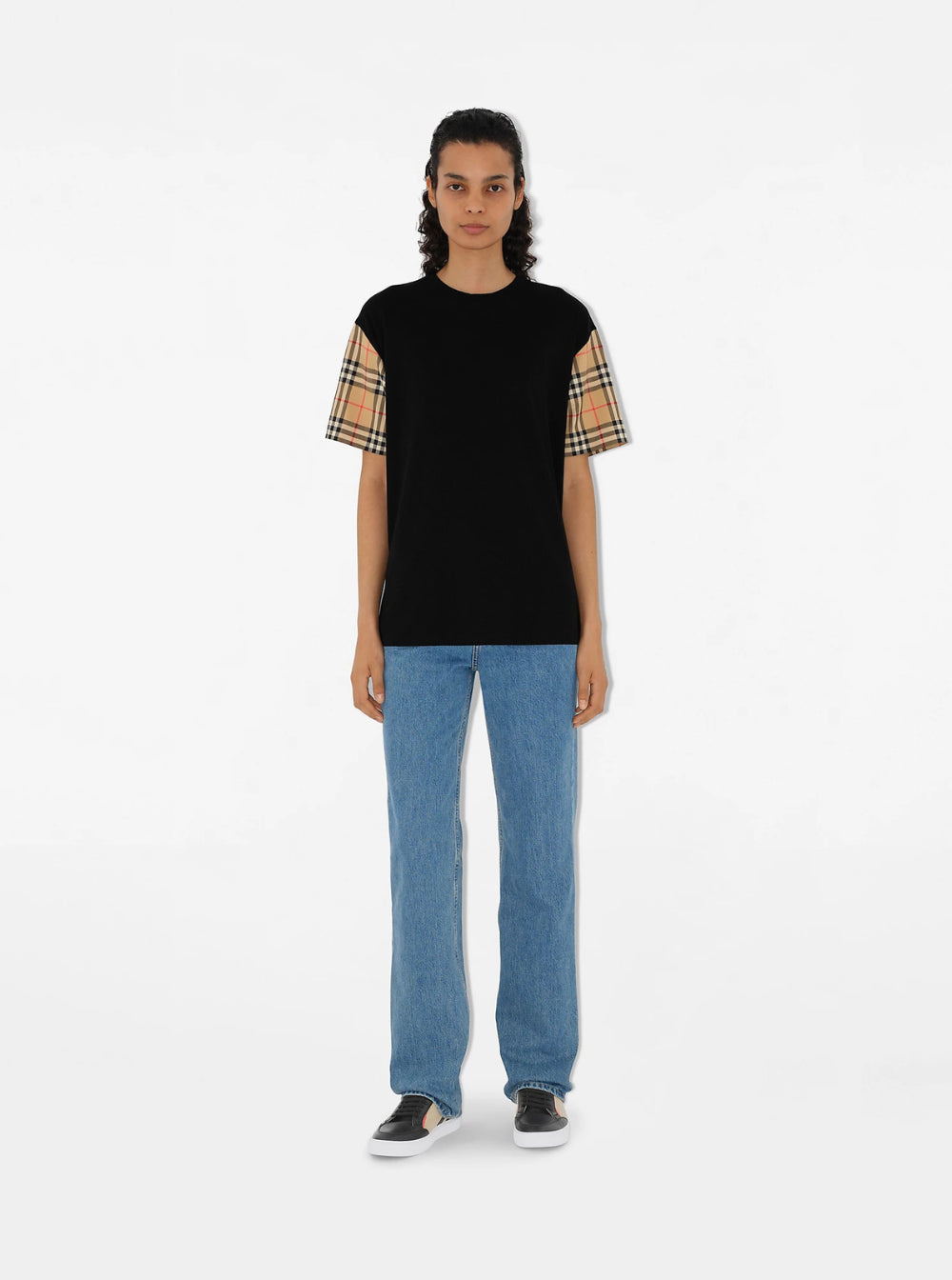 Burberry Women Black T-Shirt With Vintage Check Motif On The Sleeves In Cotton Woman