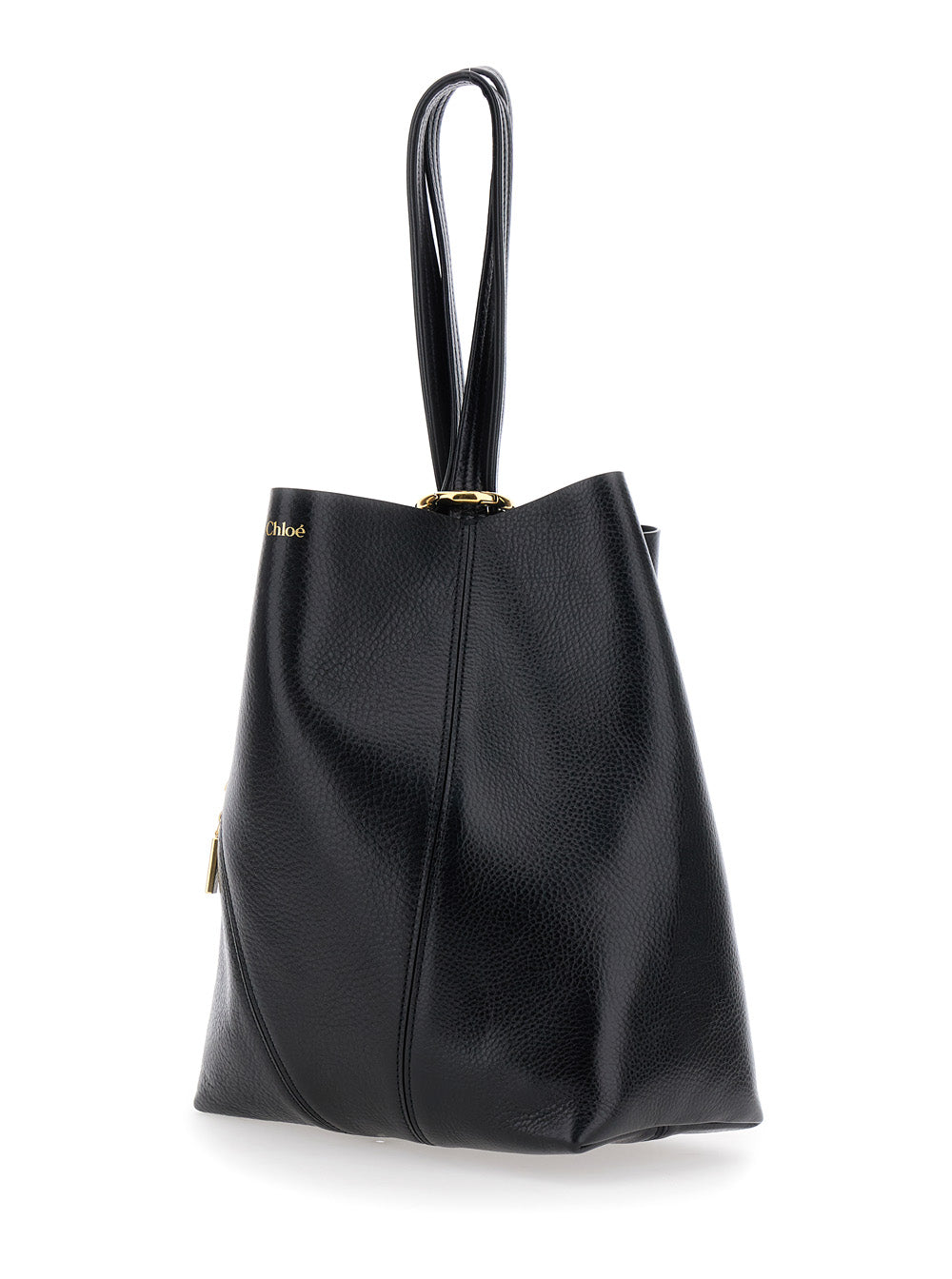 Chloé Women 'Spin' Black Shoulder Bag With Metal Logo Medals In Grained Leather Woman