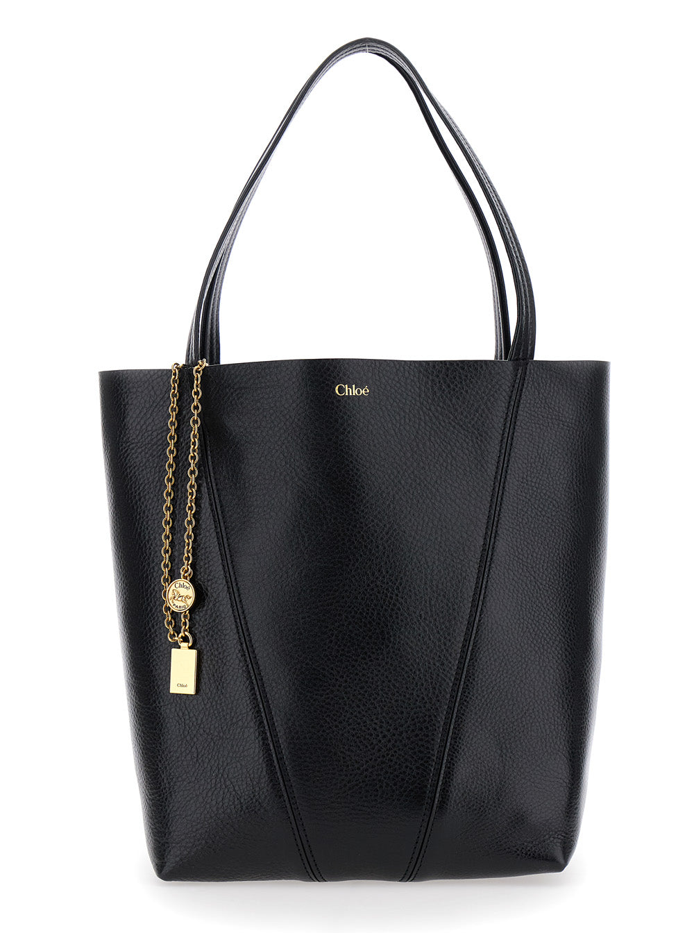 Chloé Women 'Spin' Black Shoulder Bag With Metal Logo Medals In Grained Leather Woman