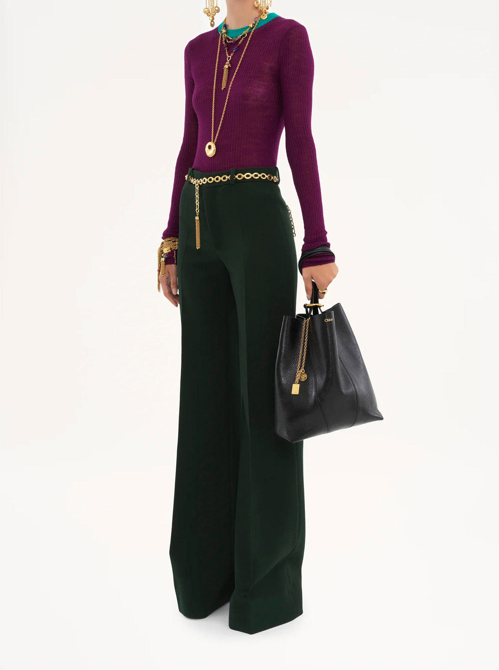 Chloé Women 'Spin' Black Shoulder Bag With Metal Logo Medals In Grained Leather Woman