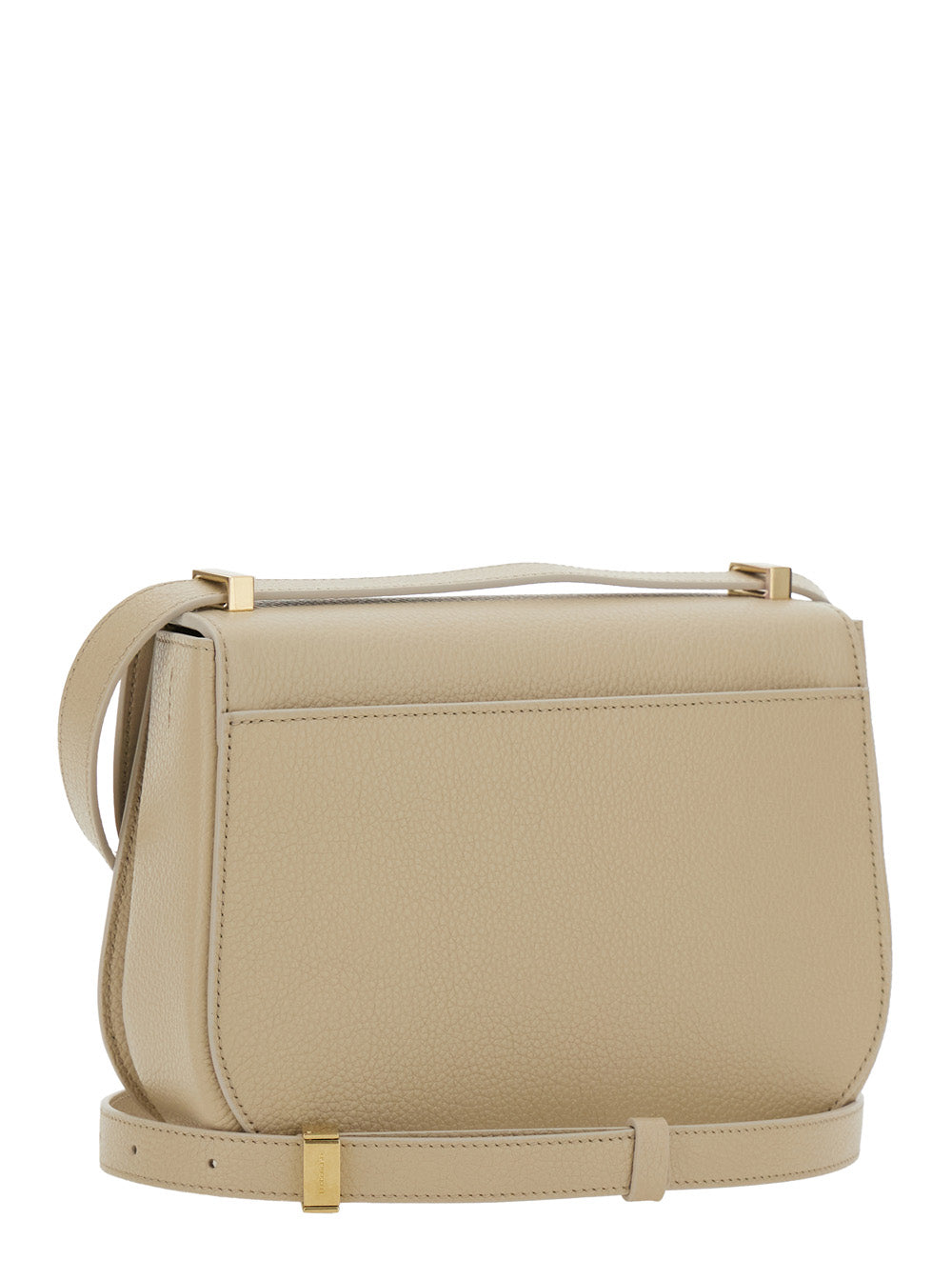 Bolsa de ombro feminina Ferragamo bege com detalhe Gancini metálico na frente em couro martelado.