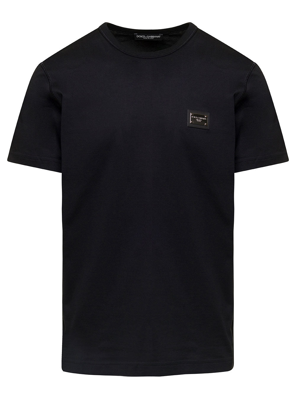 Dolce & Gabbana Men Black T-Shirt With Logo Tag Detail On The Front In Cotton Man