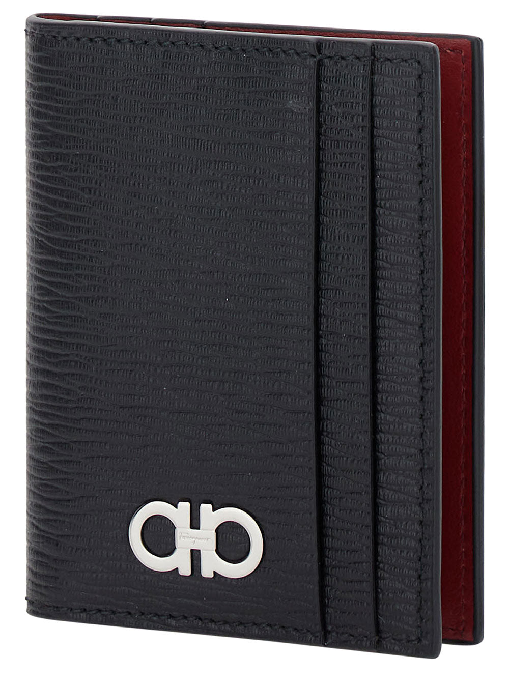 Porta-cartões Ferragamo masculino preto com detalhe Gancini em couro.