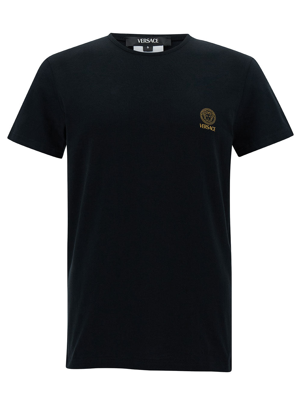 Versace Men Black Crewneck T-Shirt With Medusa Logo Print In Stretch Cotton Man