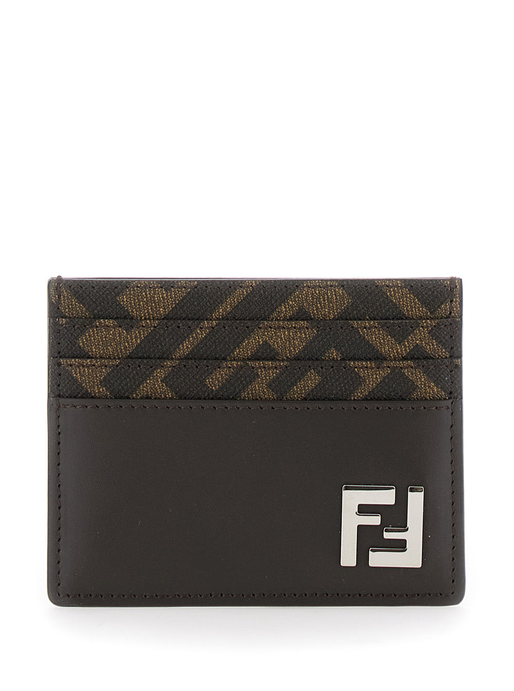 Fendi Men Brown Card-Holder With Squared Ff Motif In Leather And Ff Canvas Man