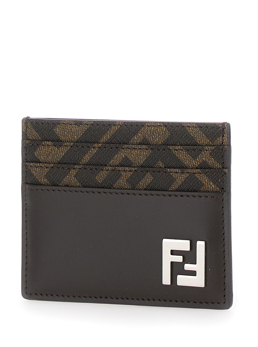 Fendi Men Brown Card-Holder With Squared Ff Motif In Leather And Ff Canvas Man