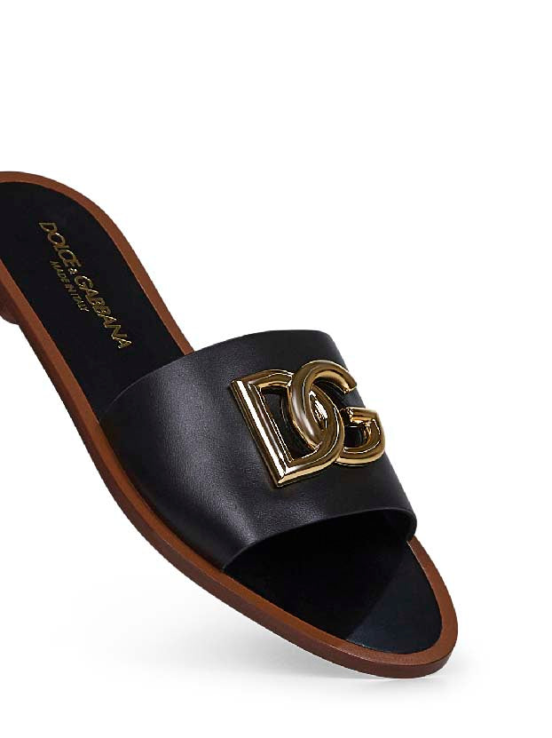 Dolce & Gabbana Women Black Calf Leather Bianca Slides