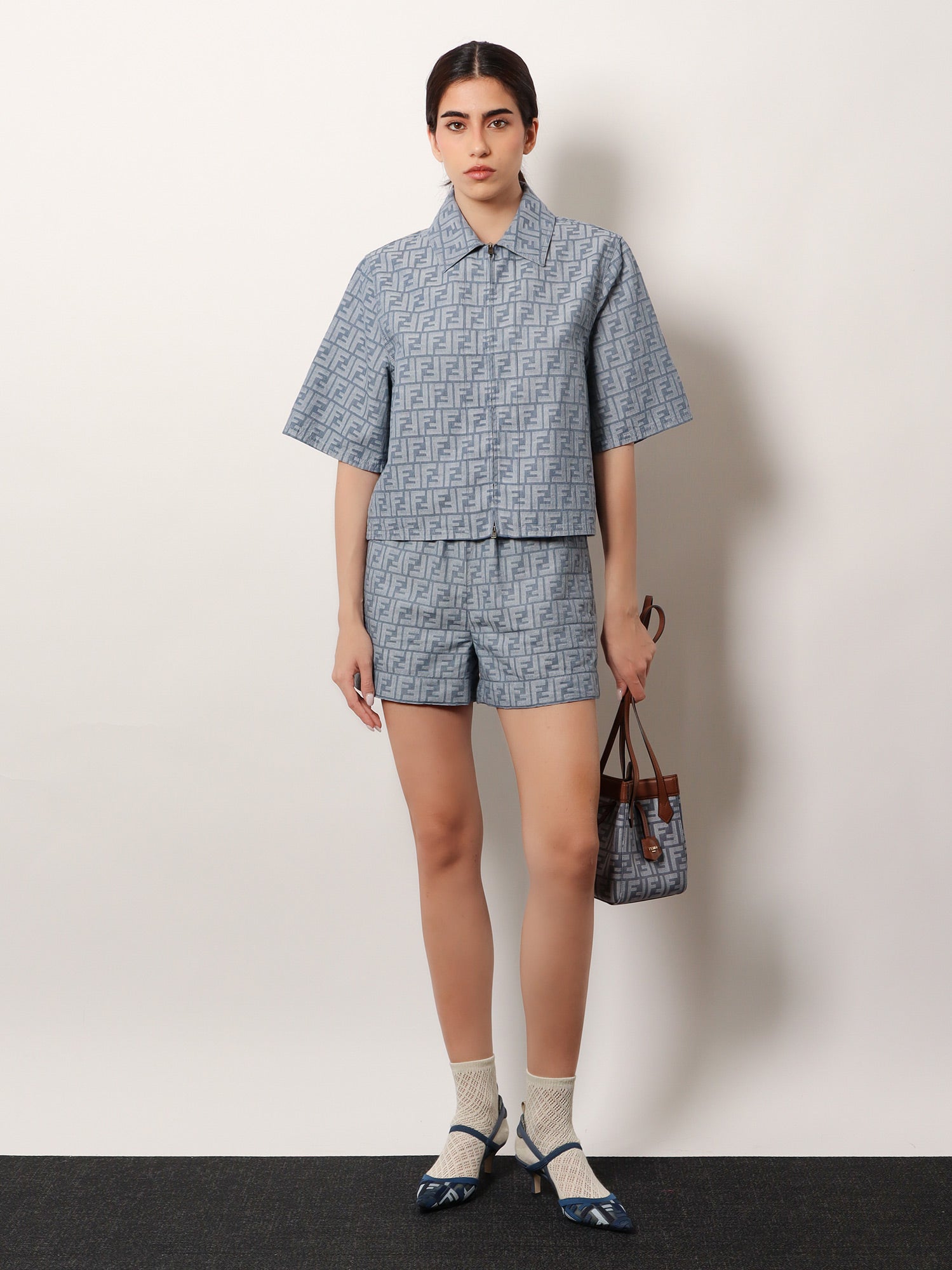 Fendi Women Origami Mini Ff Jacquard Fabric And Leather Shoulder Bag