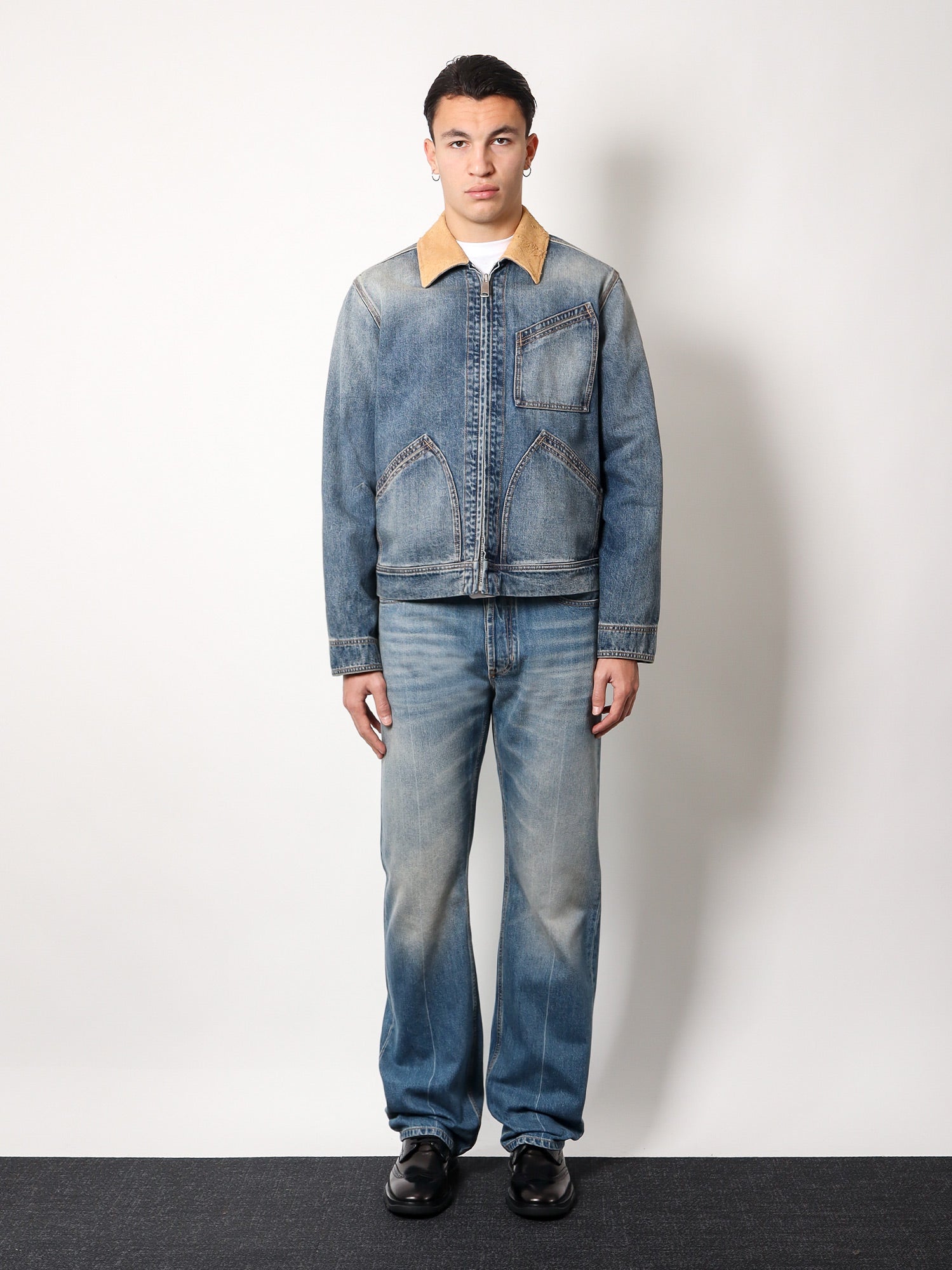 Alexander Mcqueen Men Washed Blue Ddenim Jacket With Suede Collar