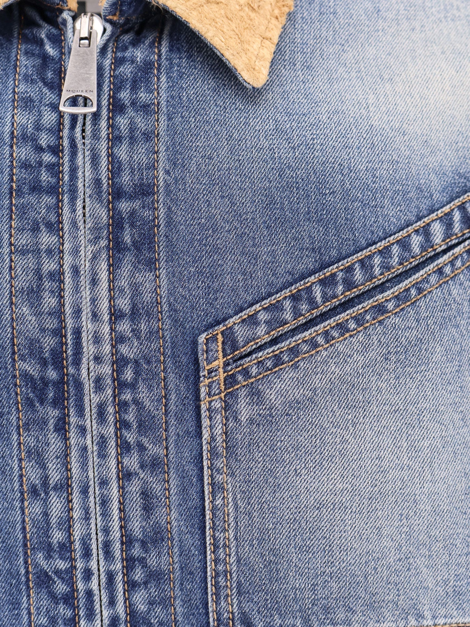 Alexander Mcqueen Men Washed Blue Ddenim Jacket With Suede Collar