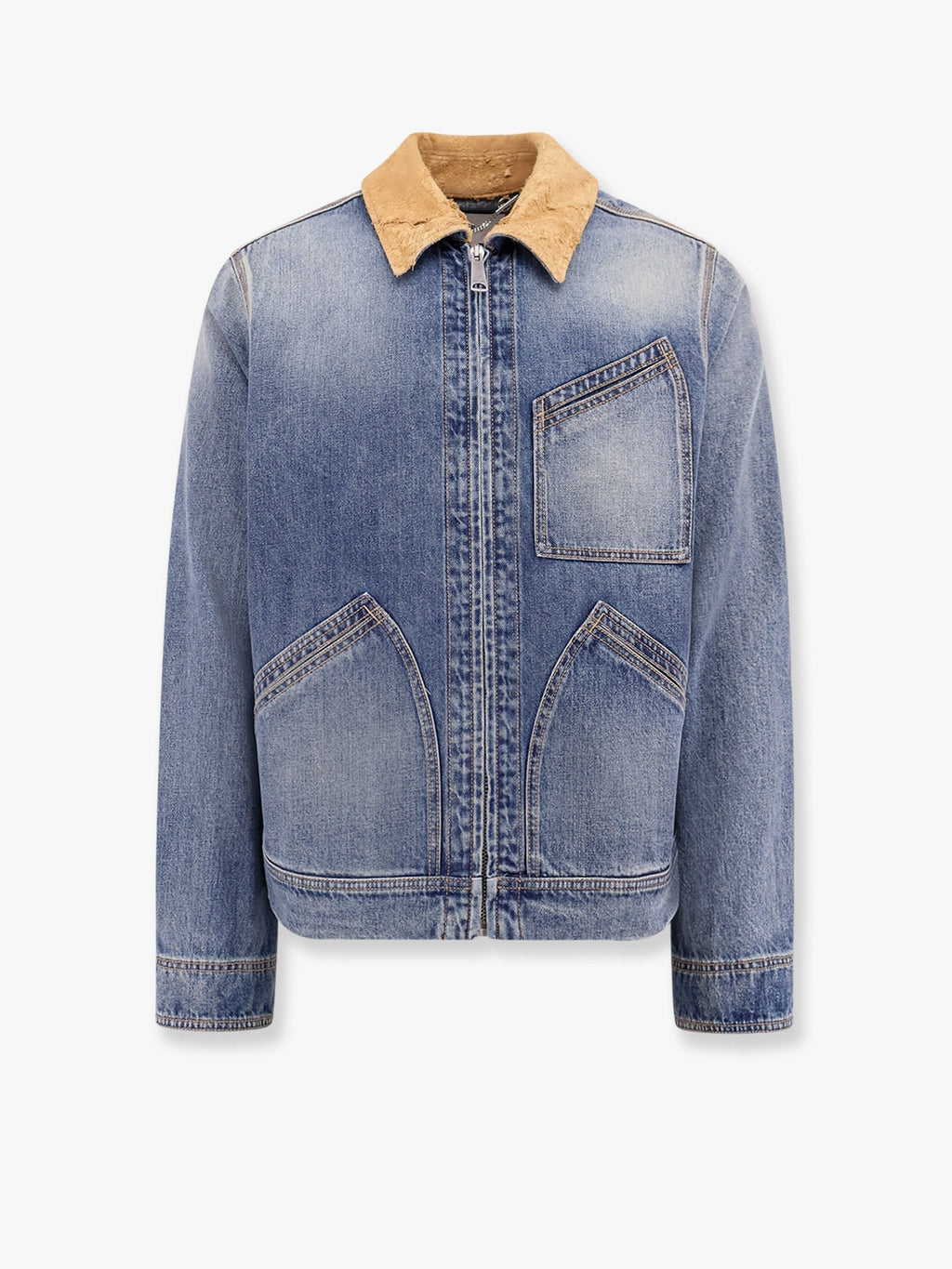 Alexander Mcqueen Men Washed Blue Ddenim Jacket With Suede Collar