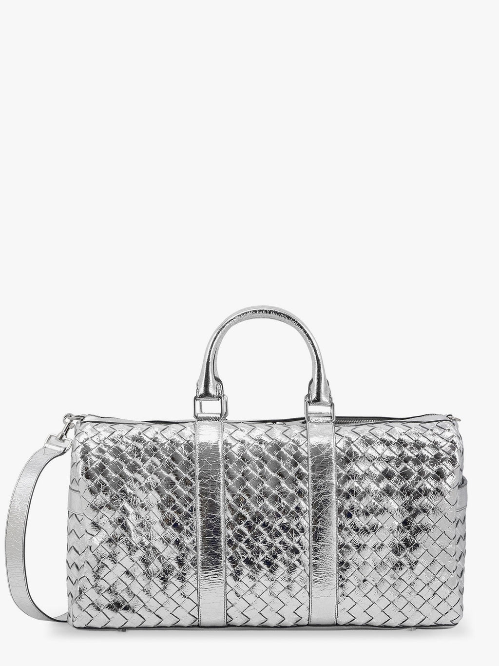 Bottega Veneta Men Silver Leather Duffle Bag With Intrecciato Motif