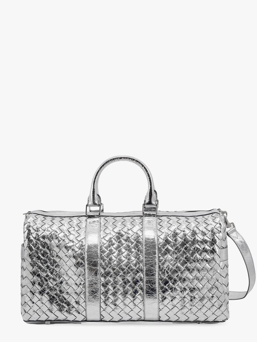 Bottega Veneta Men Silver Leather Duffle Bag With Intrecciato Motif