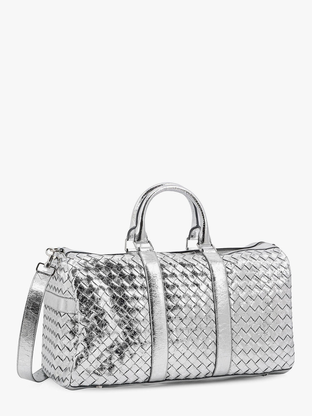 Bottega Veneta Men Silver Leather Duffle Bag With Intrecciato Motif