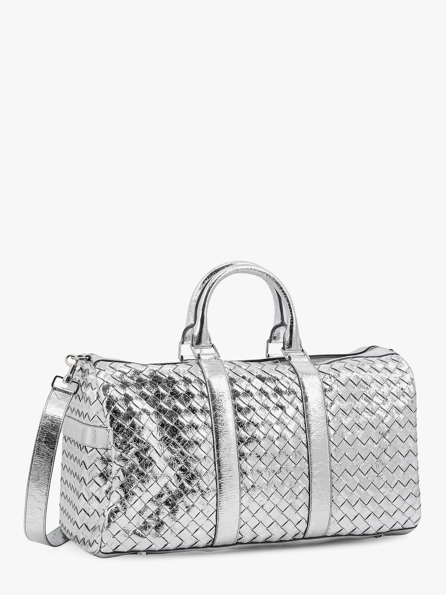 Bottega Veneta Men Silver Leather Duffle Bag With Intrecciato Motif