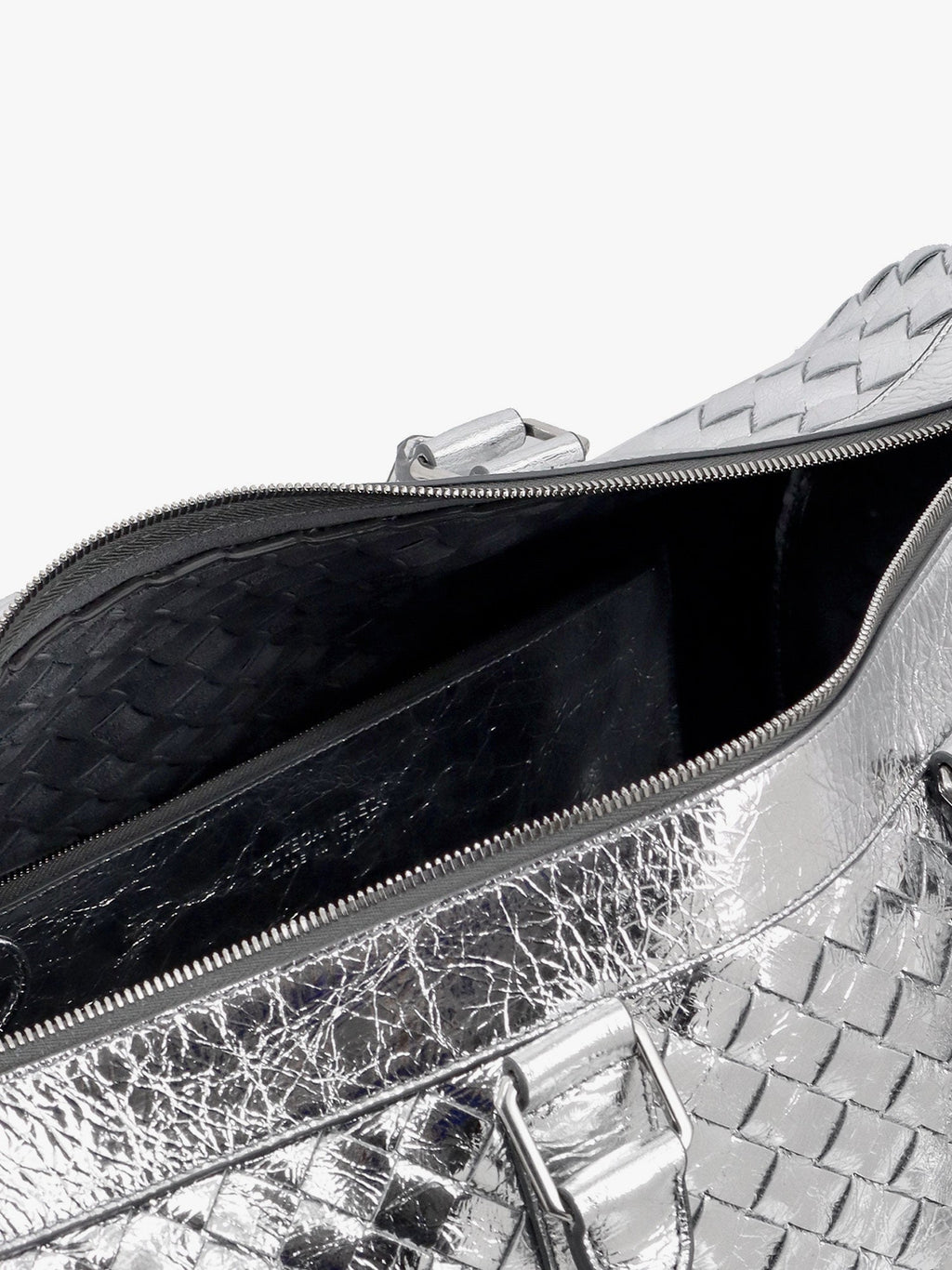 Bottega Veneta Men Silver Leather Duffle Bag With Intrecciato Motif