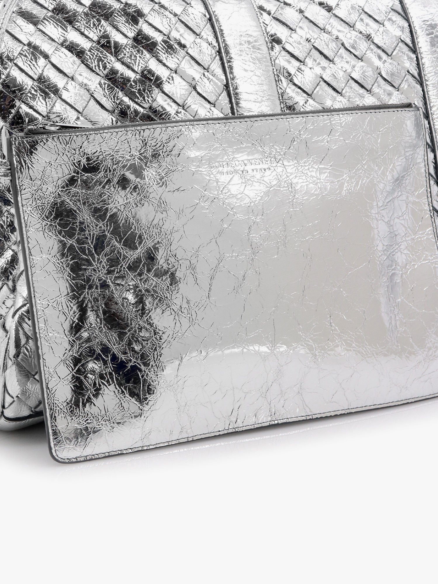 Bottega Veneta Men Silver Leather Duffle Bag With Intrecciato Motif