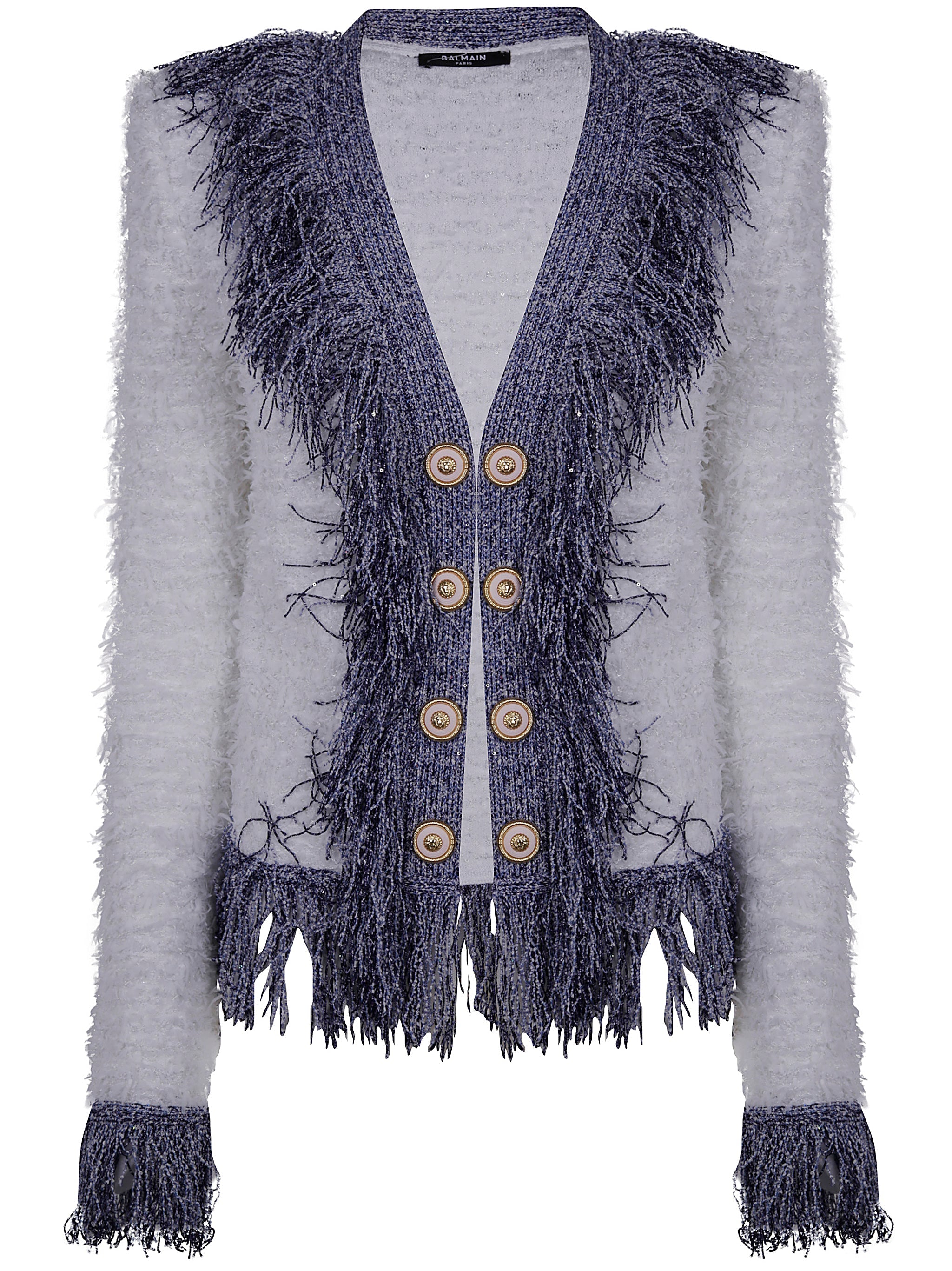 Balmain Women Collarless Glittered Fringed Tweed Jkt