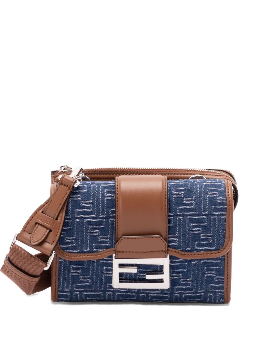 Fendi Men Denim-Effect Ff Jacquard And Leather Double Baguette Bag