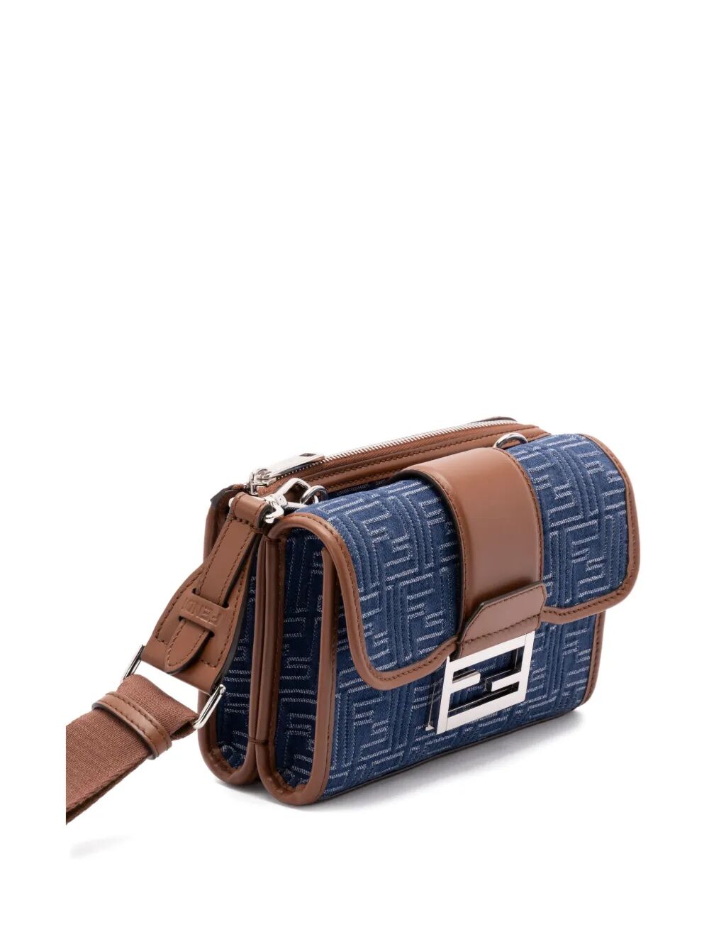 Fendi Men Denim-Effect Ff Jacquard And Leather Double Baguette Bag