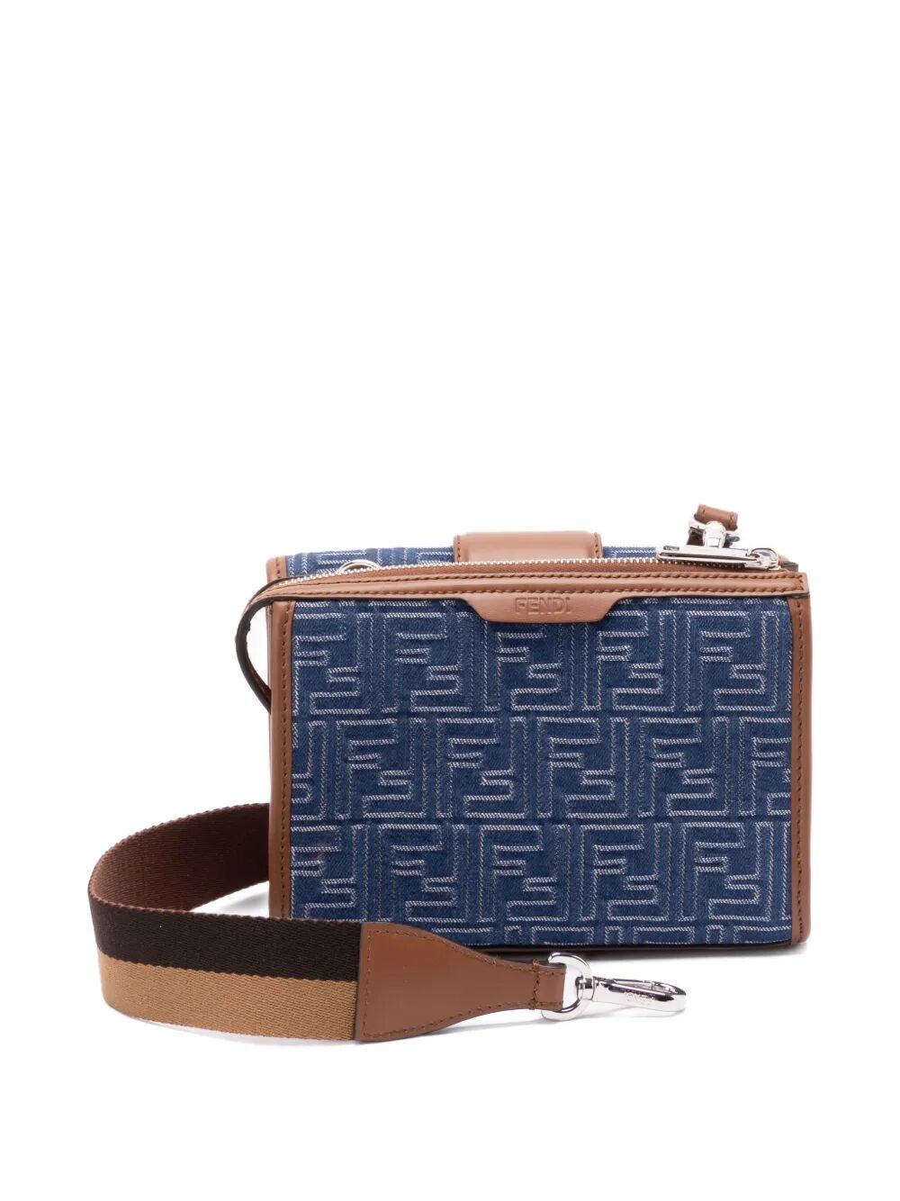 Fendi Men Denim-Effect Ff Jacquard And Leather Double Baguette Bag