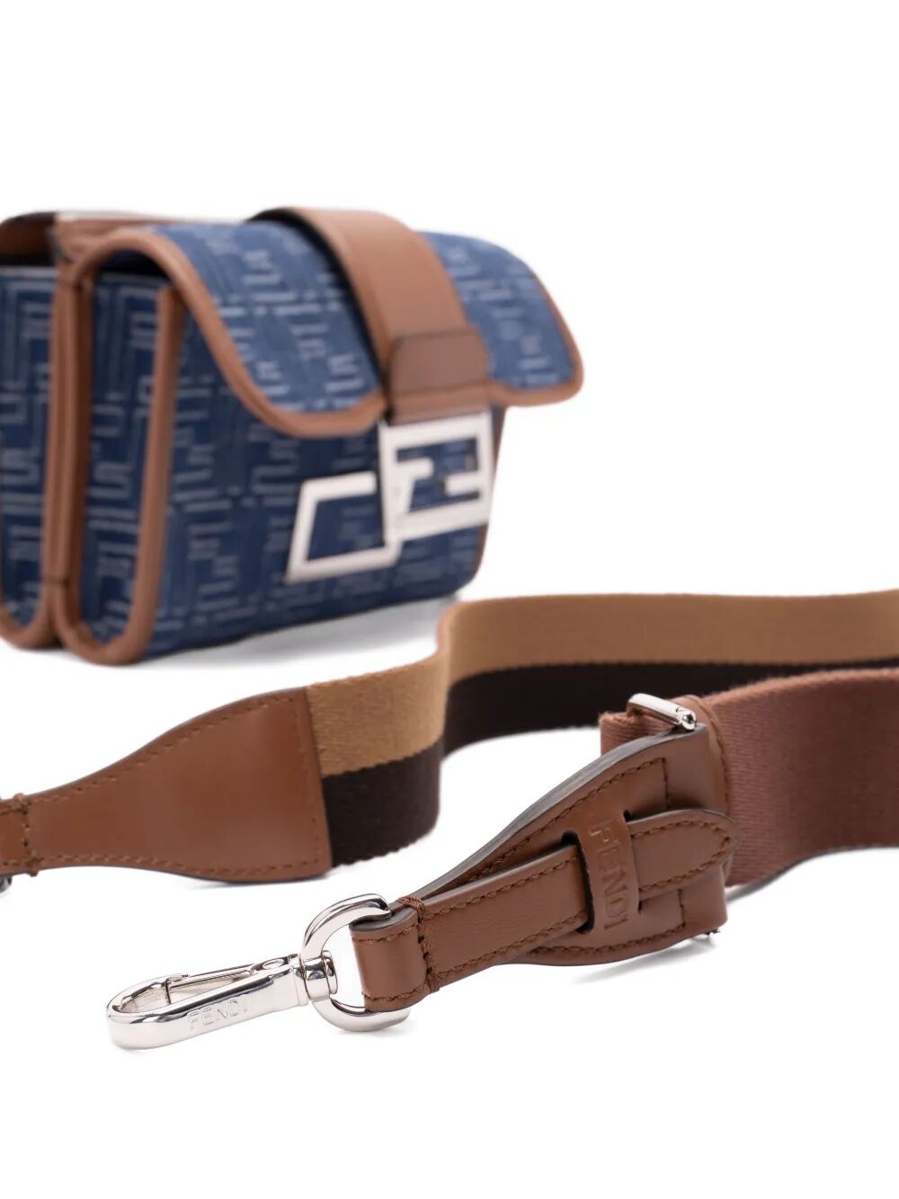 Fendi Men Denim-Effect Ff Jacquard And Leather Double Baguette Bag