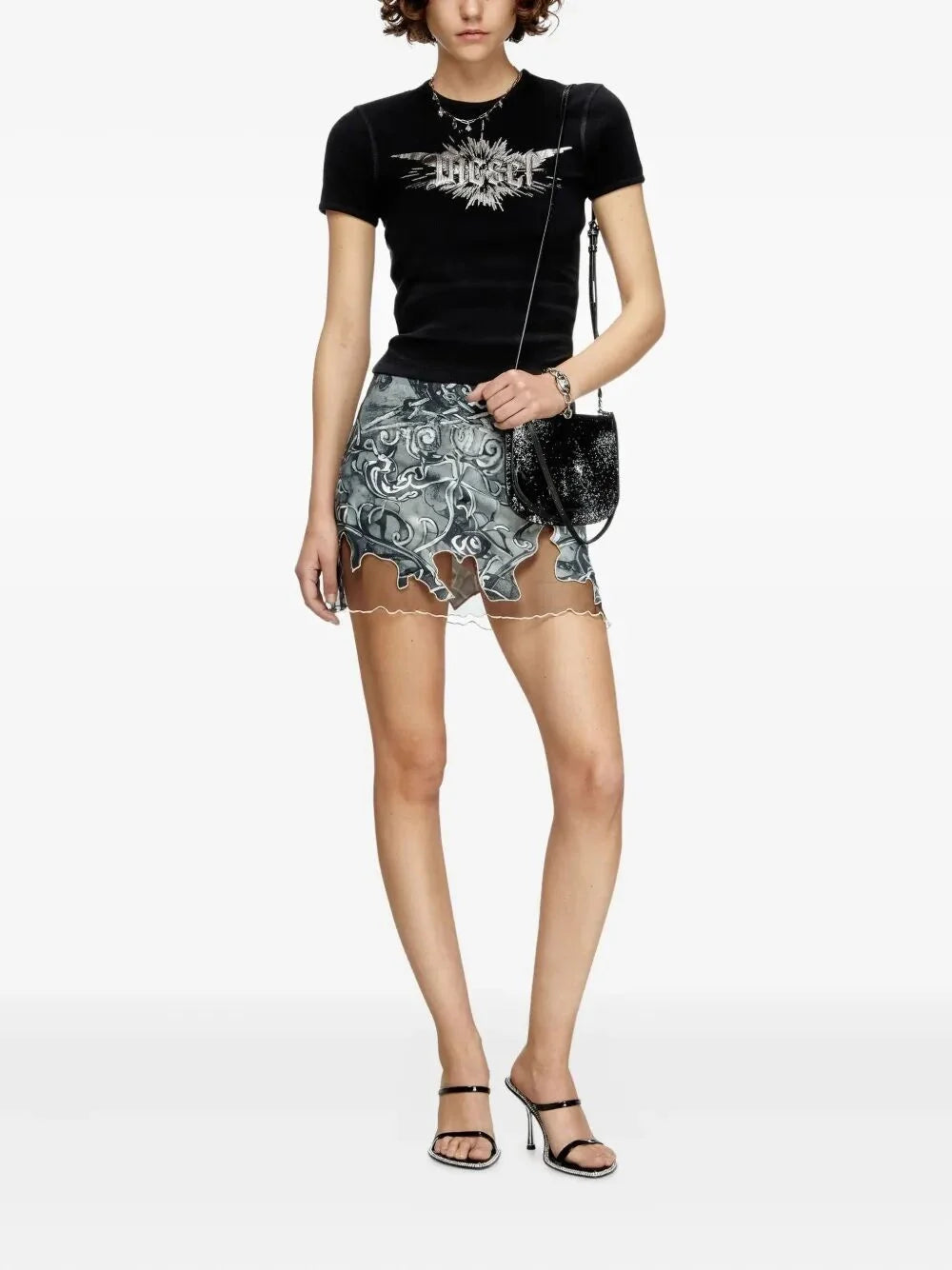 Diesel Women `T-Ele-Long-P2` T-Shirt With `Winged Diesel Foil` Print