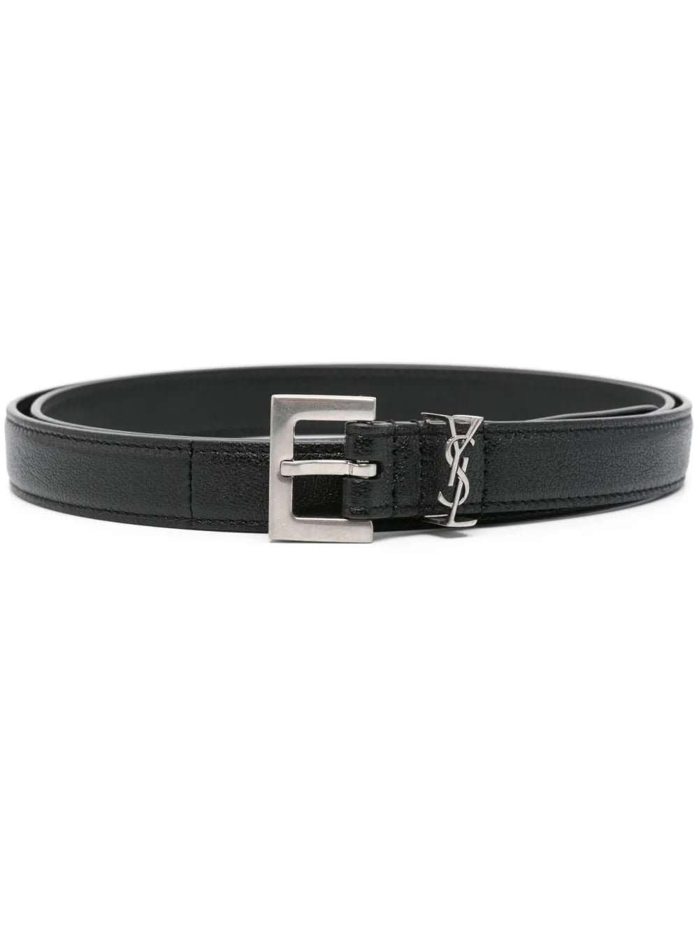 Saint Laurent Men Squared Buckle Smooth Leather Cassandre Thin Belt