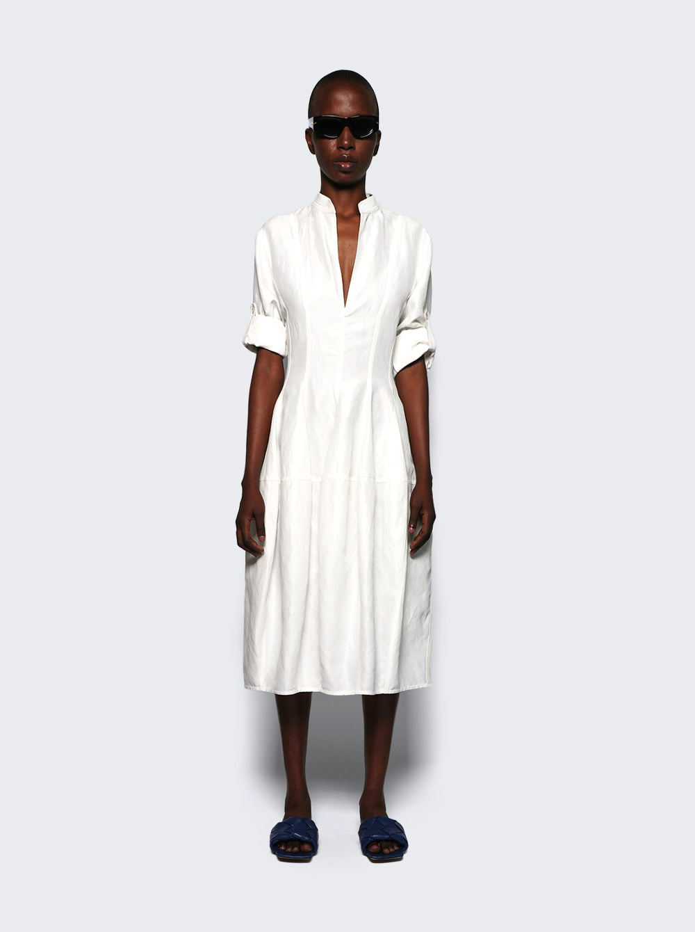 Bottega Veneta Women Fluid Linen Midi Dress Chalk White