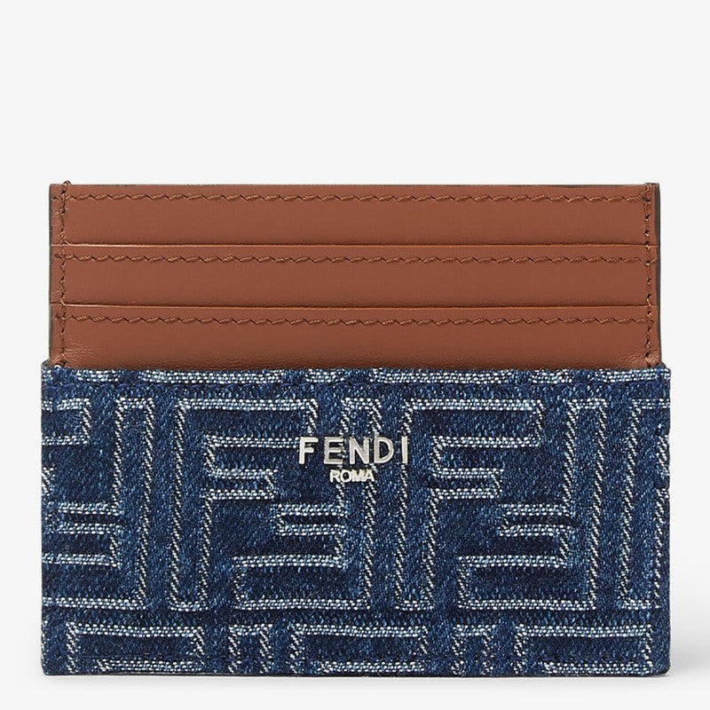 Fendi Blue Denim Effect Ff Jacquard Card Holder And Brown Leather Men