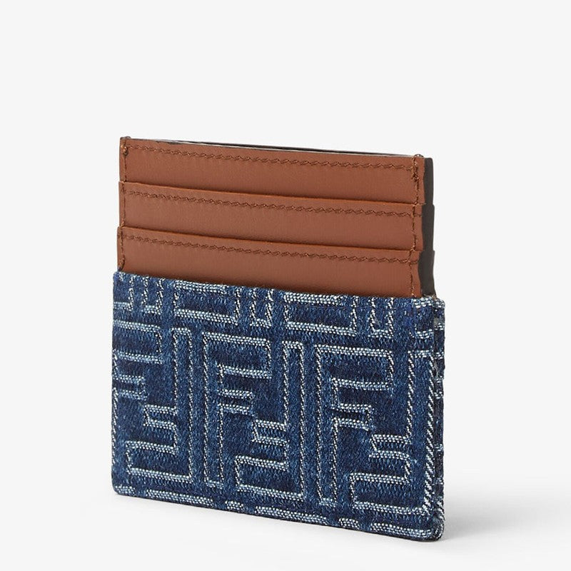 Fendi Blue Denim Effect Ff Jacquard Card Holder And Brown Leather Men