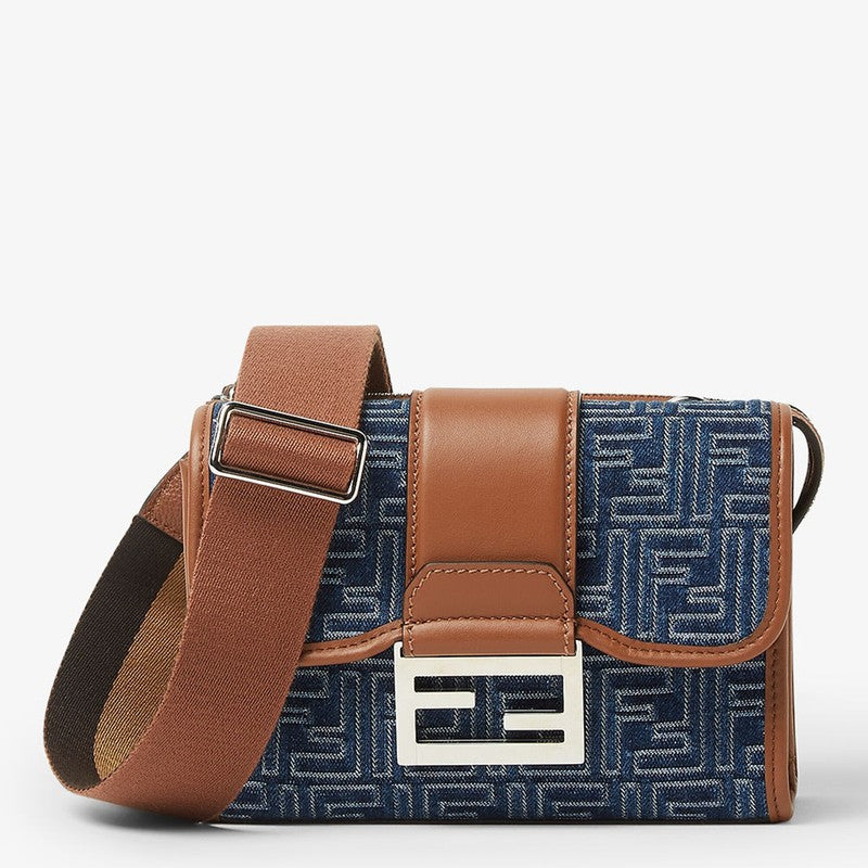 Fendi Baguette Double Bag In Blue Denim-Effect Ff Jacquard Men