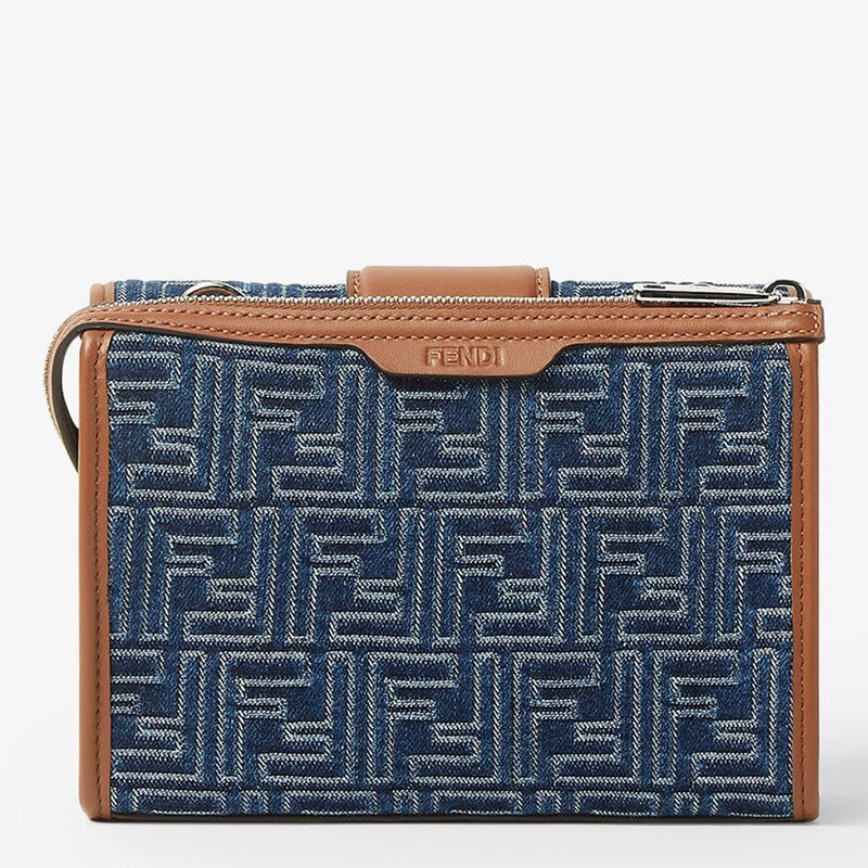 Fendi Baguette Double Bag In Blue Denim-Effect Ff Jacquard Men