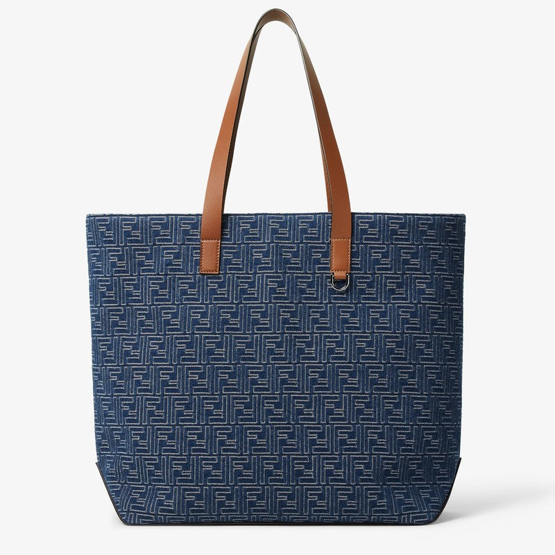 Fendi Medium Shopping Bag In Blue Denim-Effect Ff Jacquard Men