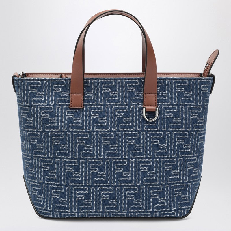 Fendi Small Shopping Bag In Blue Denim-Effect Ff Jacquard Men