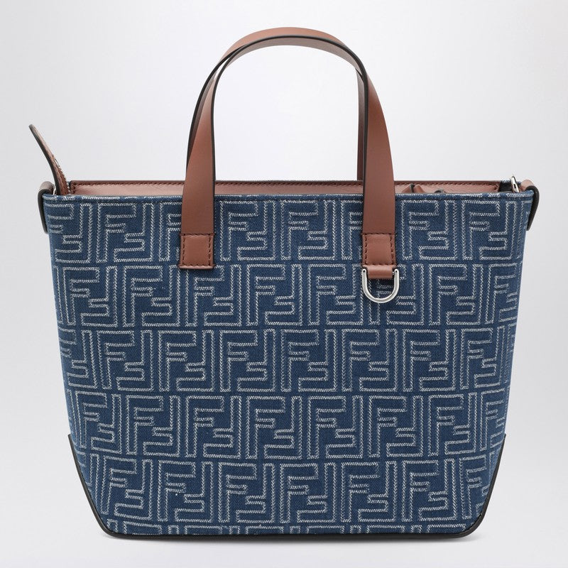 Fendi Small Shopping Bag In Blue Denim-Effect Ff Jacquard Men