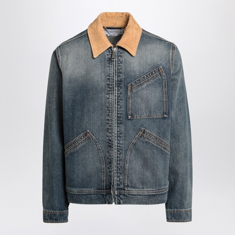 Alexander Mcqueen Denim Jacket With Suede Collar Men