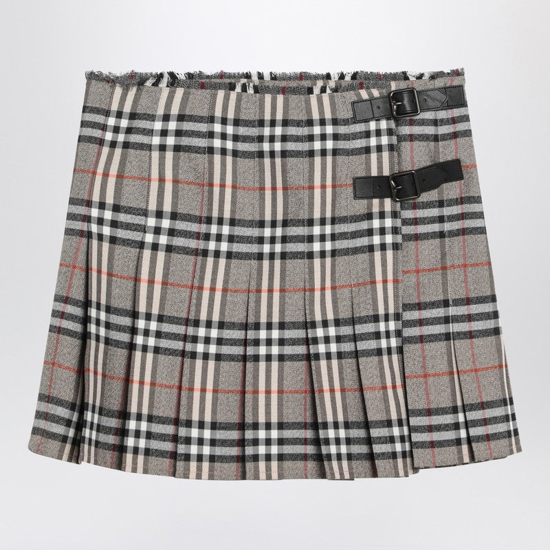 Burberry Grey Wool Kilt Skirt With Check Pattern Women