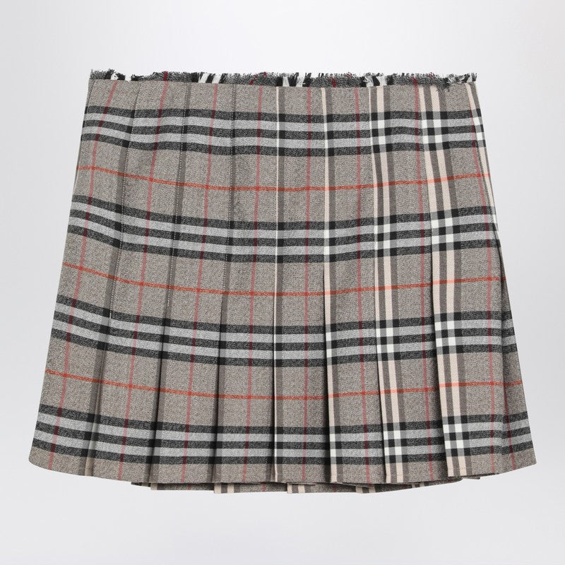 Burberry Grey Wool Kilt Skirt With Check Pattern Women