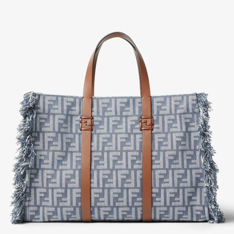 Fendi Summer Tote Bag In Blue Denim-Effect Ff Jacquard Women