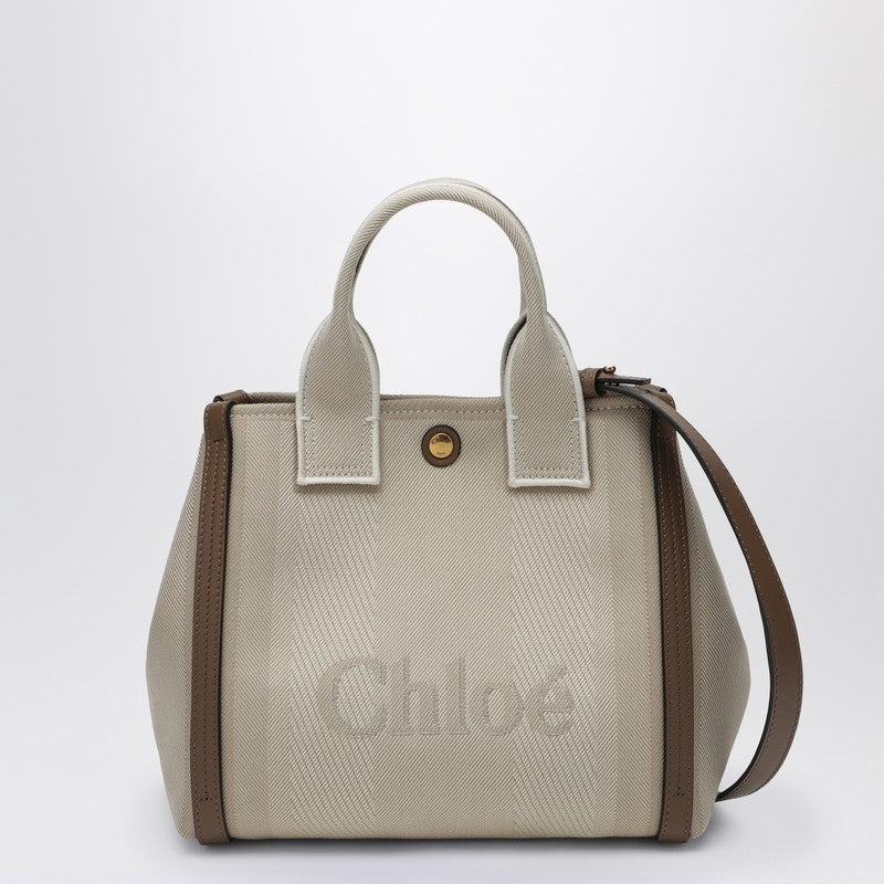 Chloe Carry Small Tote Bag In Beige Striped Canvas Women