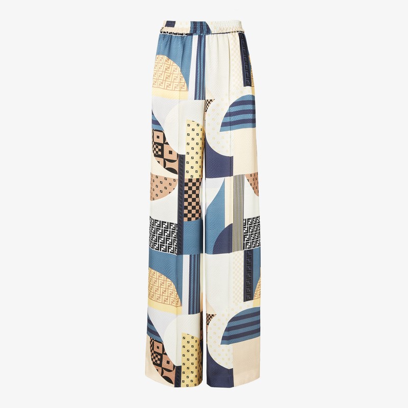 Fendi Blue Silk Trousers With Patchwork Print Women