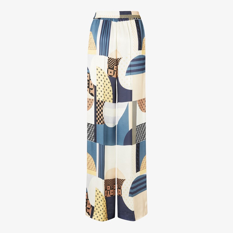 Fendi Blue Silk Trousers With Patchwork Print Women