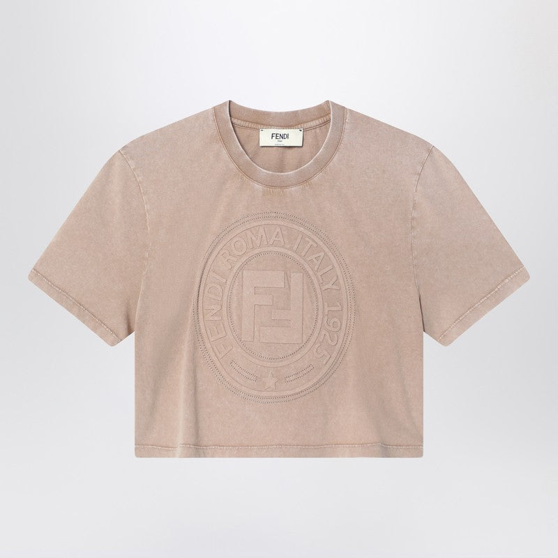 Fendi Beige Washed-Out Cropped T-Shirt With Logo Women