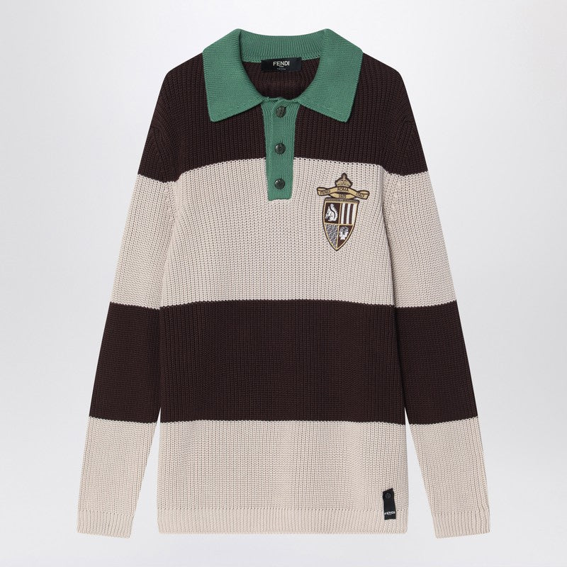 Fendi Knitted Cotton Polo Shirt With Brown And Beige Stripes Men