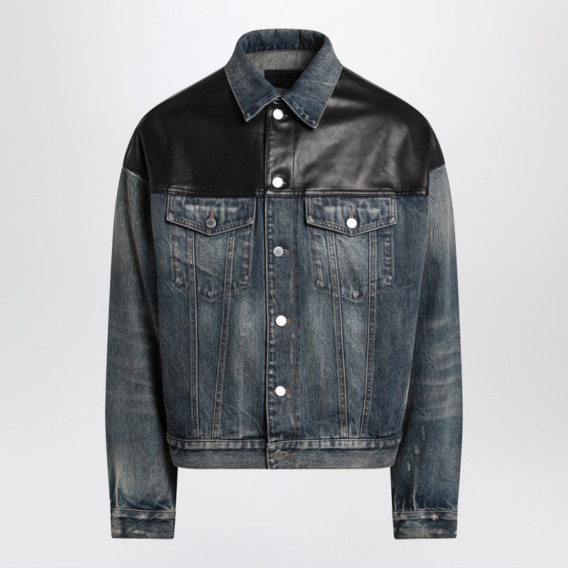 Prada Blue Denim And Black Leather Jacket Men