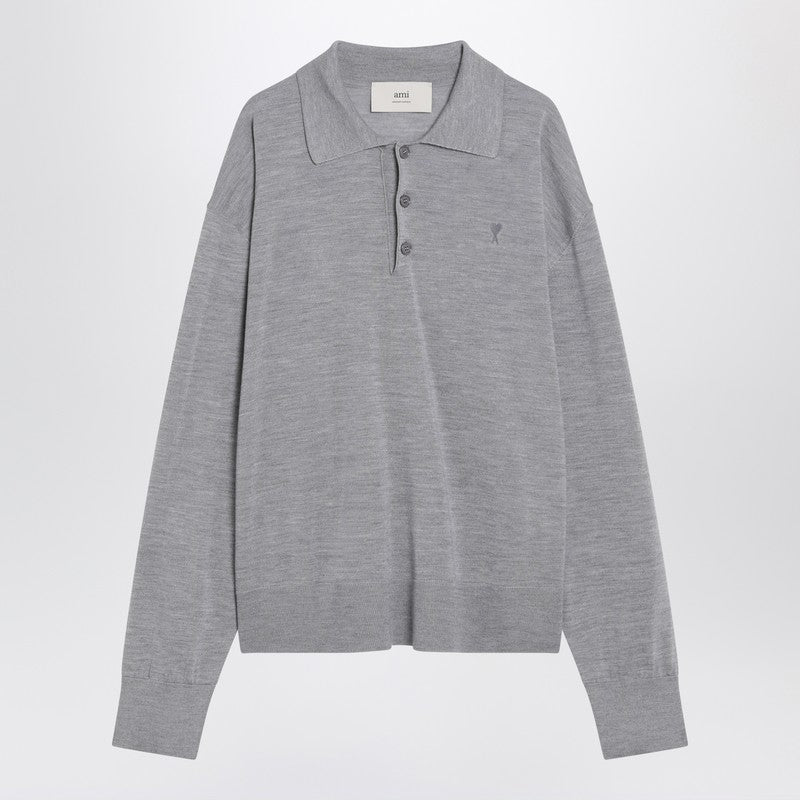 Ami Paris Grey Wool And Silk Polo Ami De Coeur Men