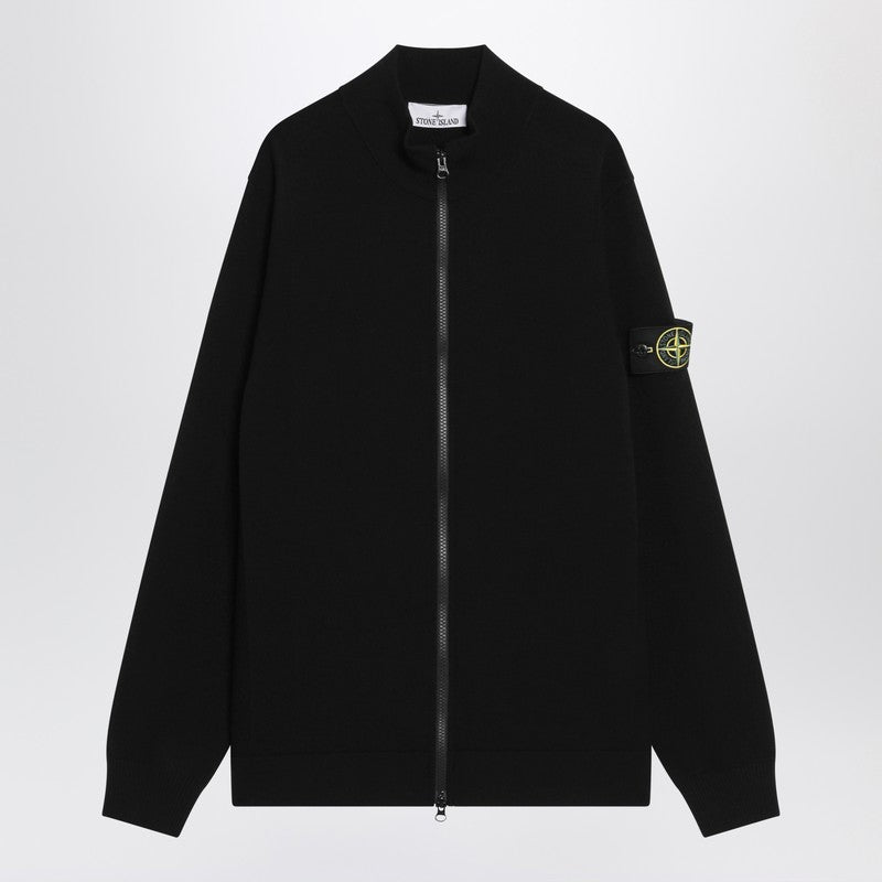 Stone Island Black Zip-Up Cardigan In Wool Blend Men