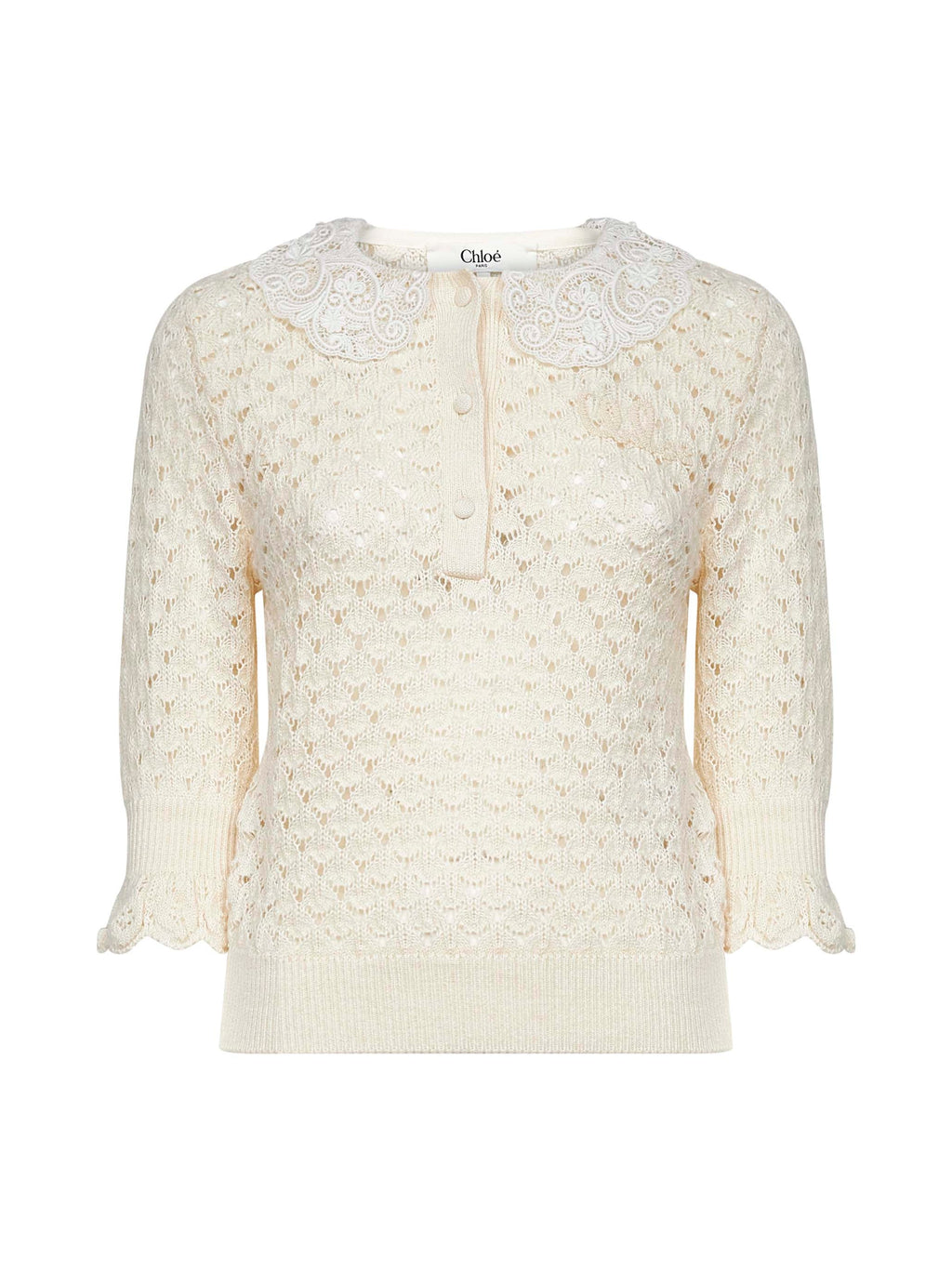 Chloé Women Ivory Knit Polo Shirt With Lace Collar