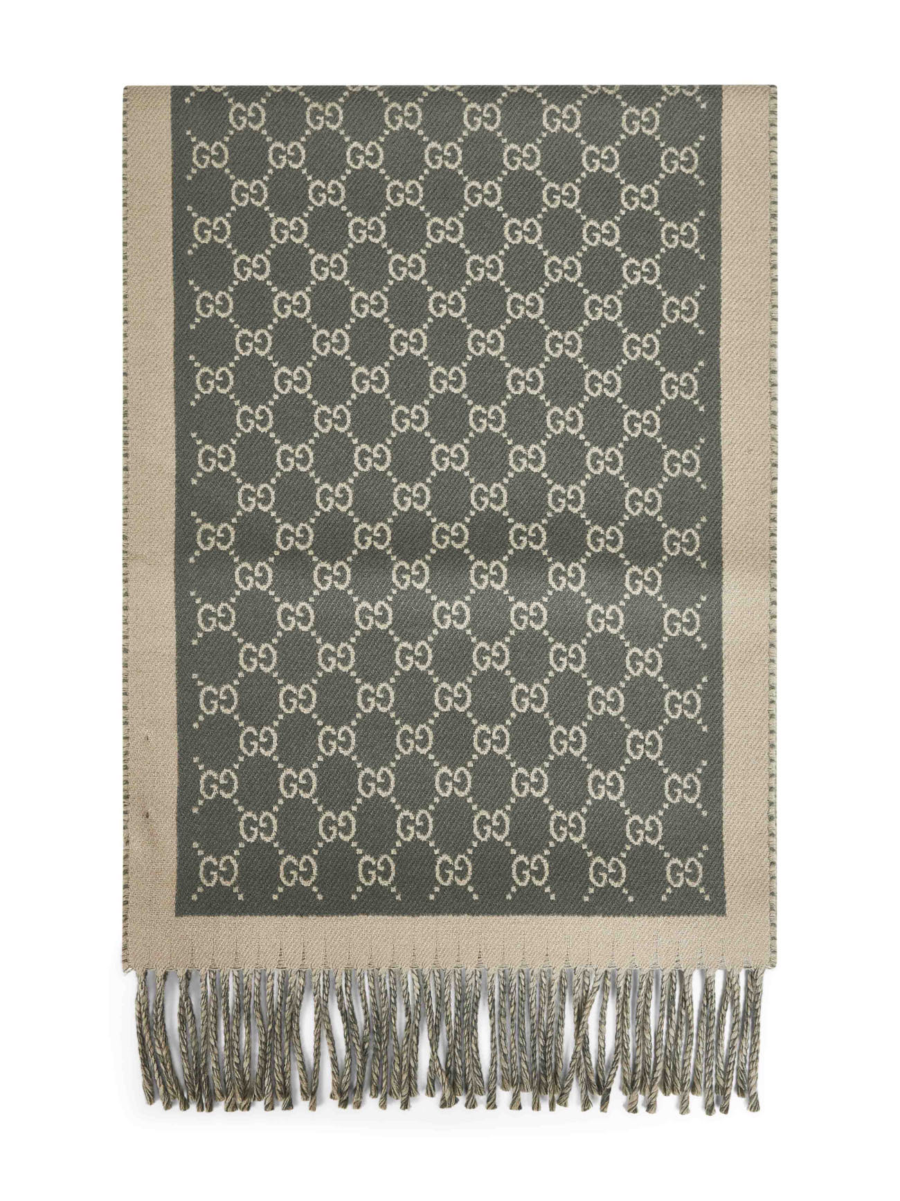 Gucci Men Green And Beige Gg Wool Scarf